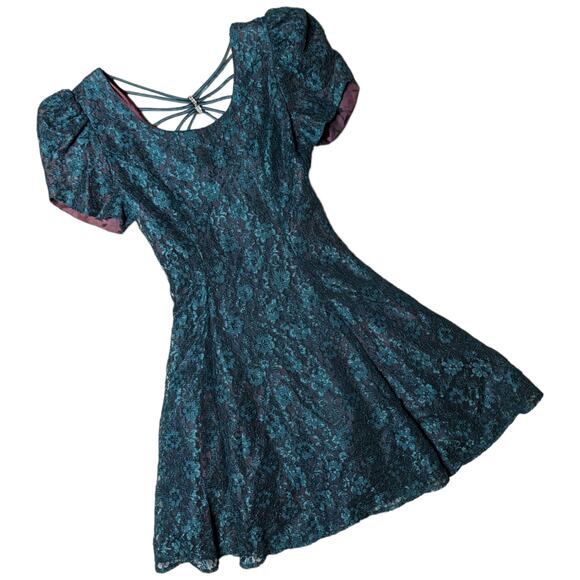 Vtg 1980s D.B.Y. Forest Green Lace Puff Sleeve Strap Back Lolita Mini Dress 2 3 - Picture 1 of 6